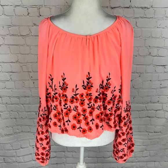 Free People Tops - Free People | Neon Pink Floral Peasant Blouse | Orange embroidered Flowers | L